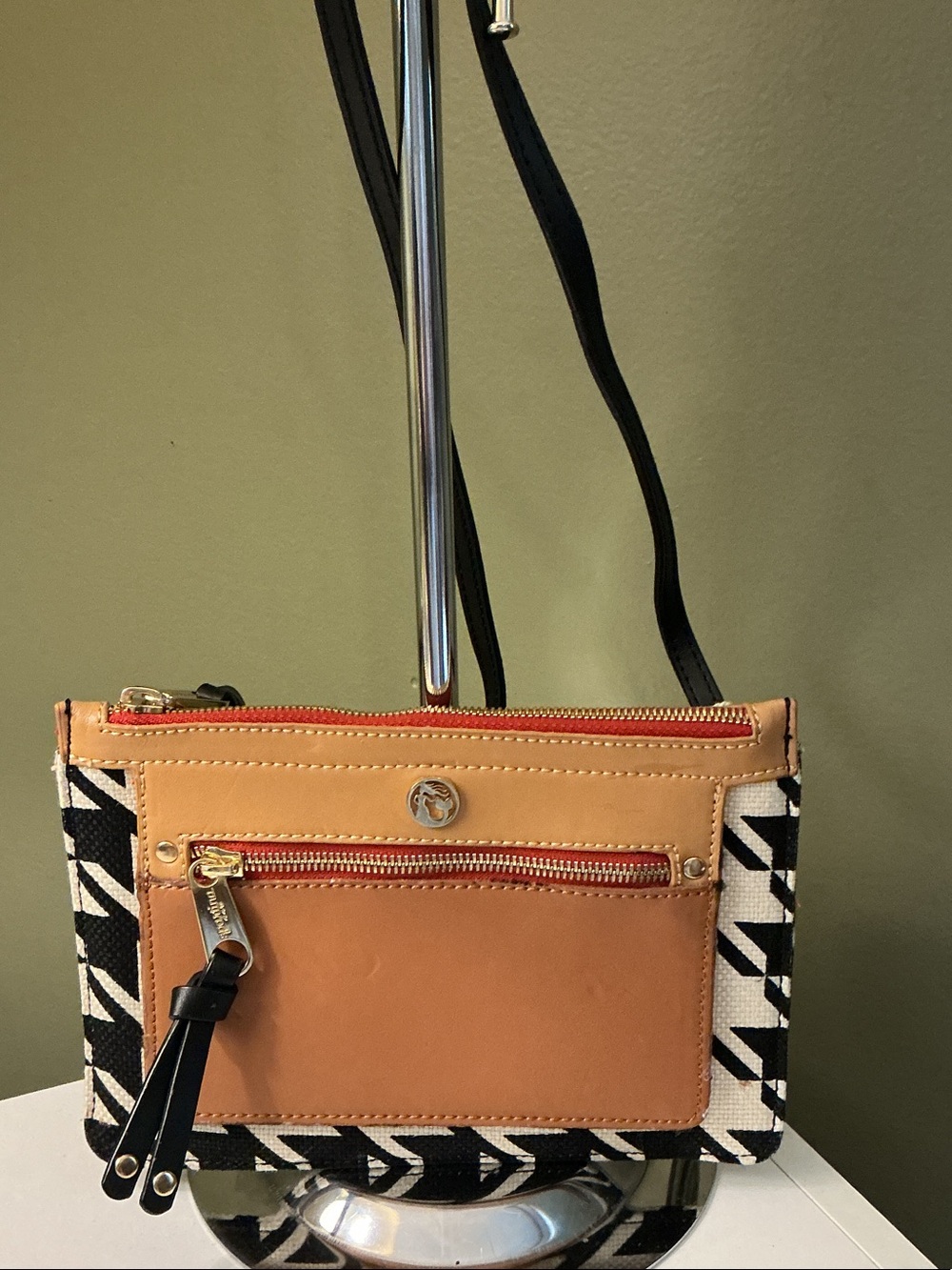Spartina 449 Stoddard Slim Hipster Tan Leather Black-White Pattern Crossbody